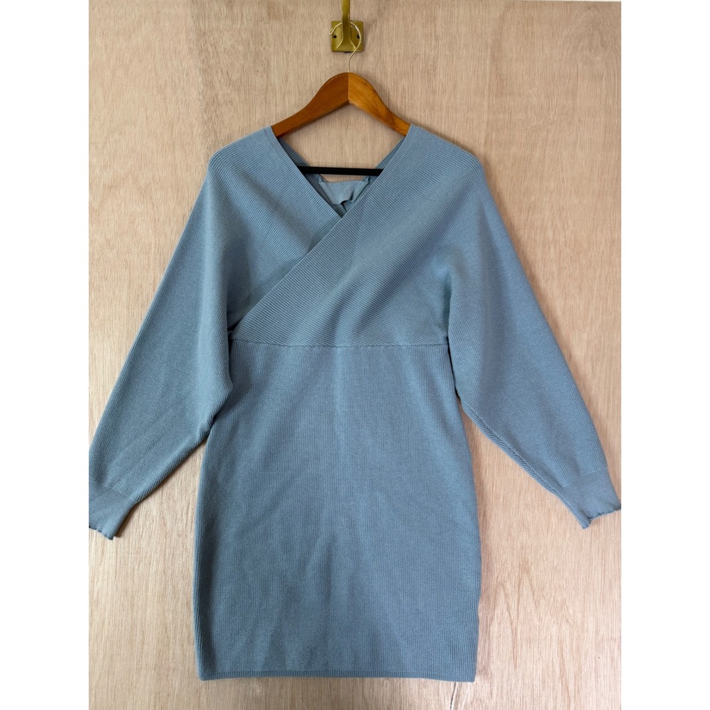 Halara Blue Knit Sweater Dress Long Sleeve Wrap V-Neck Mini Size Large NWT